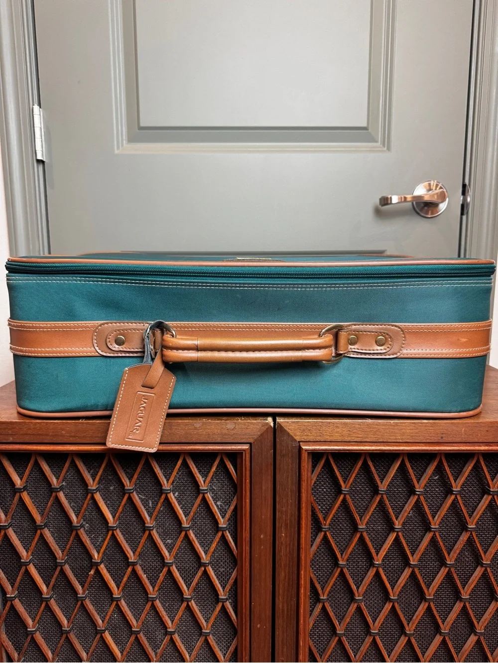 Jaguar Luggage Suitcase Travel Bag Green With Leather Trim - Vintage Luggage